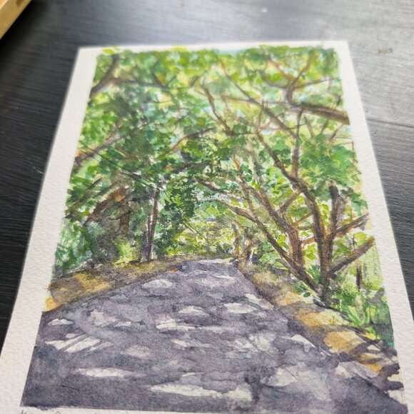 Kapa'a Quarry Road II- Sun Dappled Shady Trees Original Watercolor Brass Frame - Picture 3 of 5